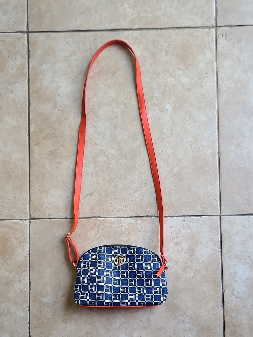 TOMMY Blue Patterned Crossbody Bag with Orange Strap